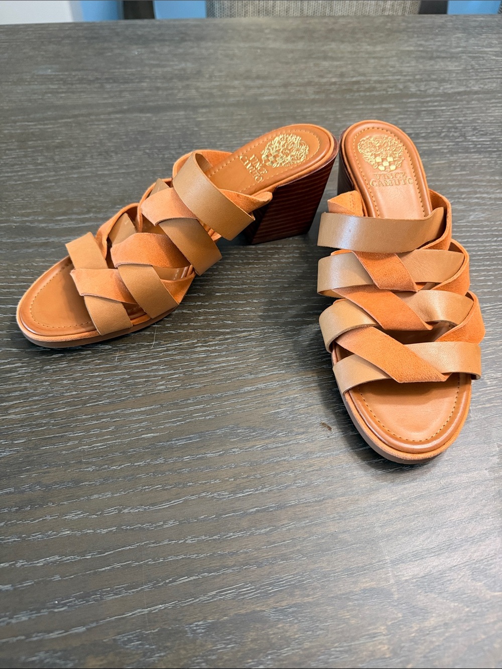 Vince Camuto Tan Woven Slide Wedge Sandals